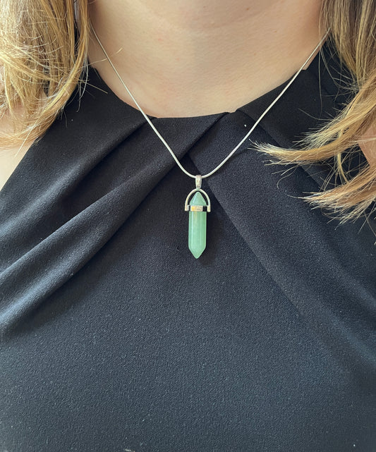 Aventurine Crystal Point Pendant Necklace - Choose Your Cord: Faux Leather or Stainless Steel.