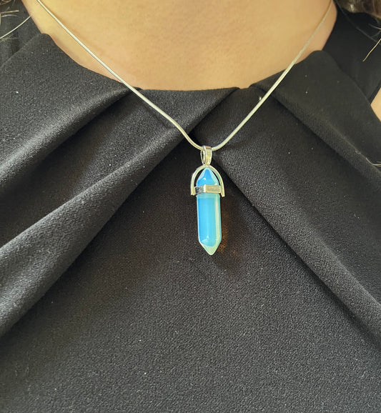 Blue Tone Opolite Stone Point Pendant Necklace on Faux Leather or Stainless Steel Chain.