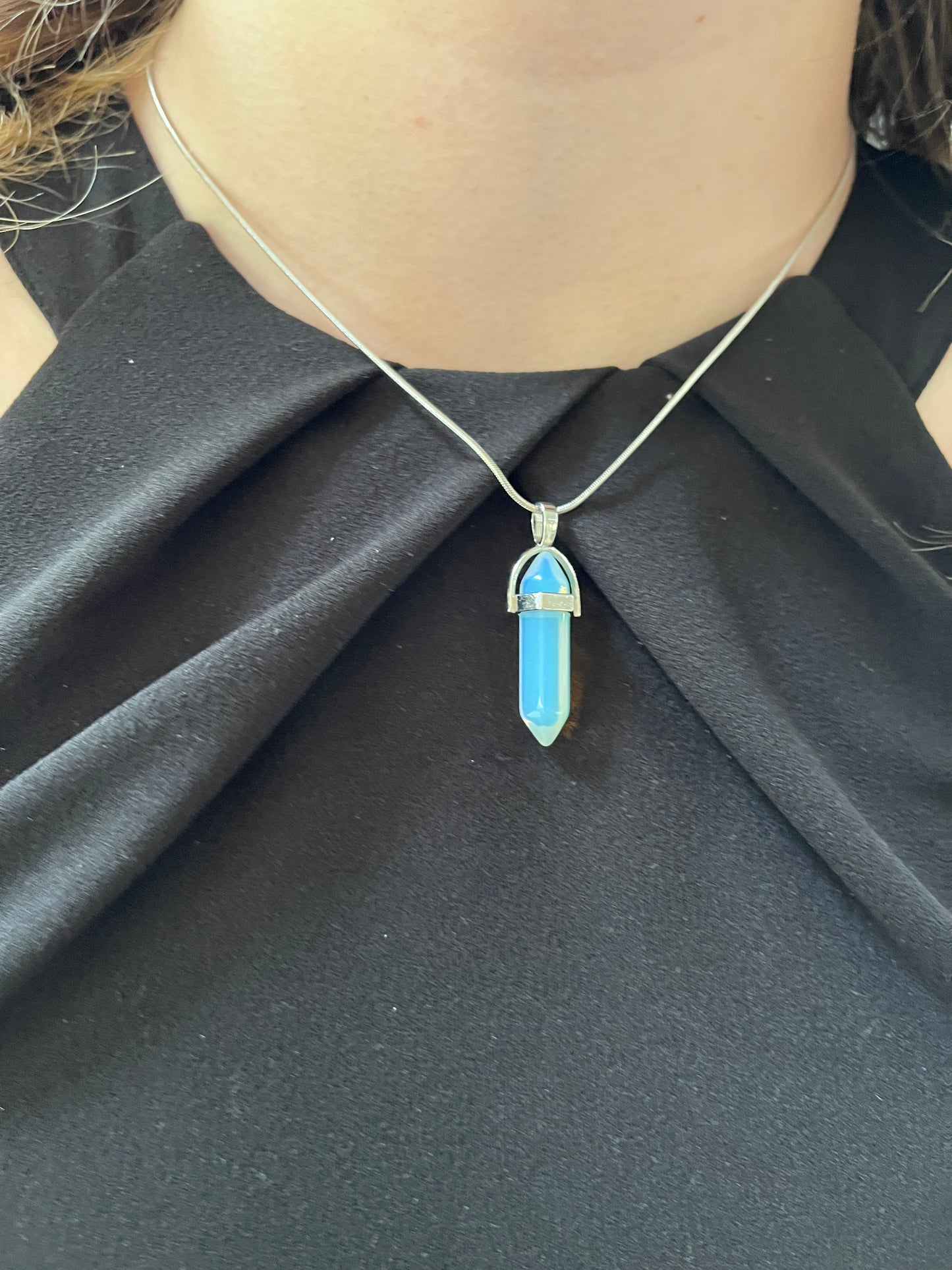 Blue Tone Opolite Stone Point Pendant Necklace on Faux Leather or Stainless Steel Chain.