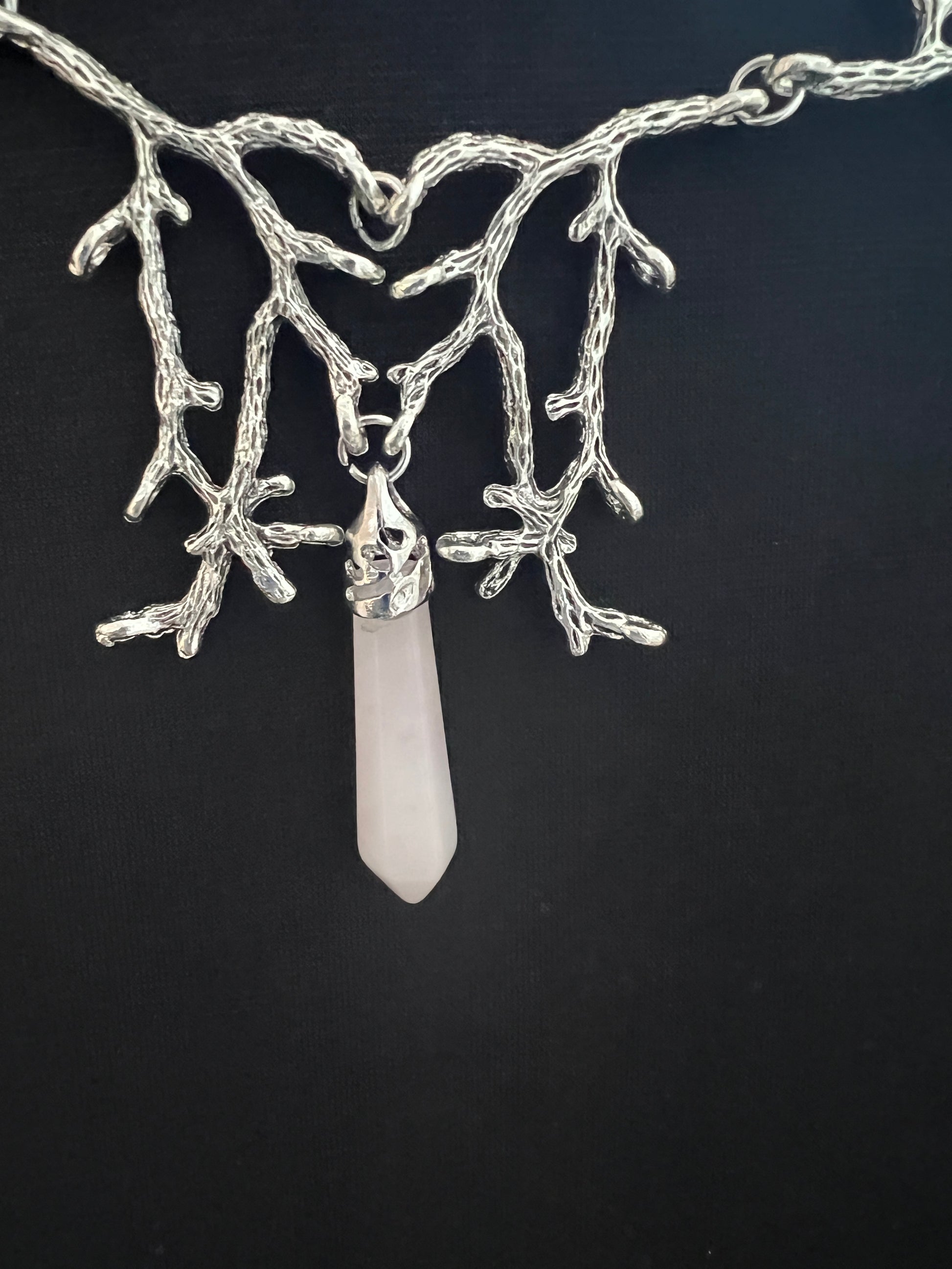 Silver Metal Tree Branch and Pink Crystal Necklace, Head Jewelry.