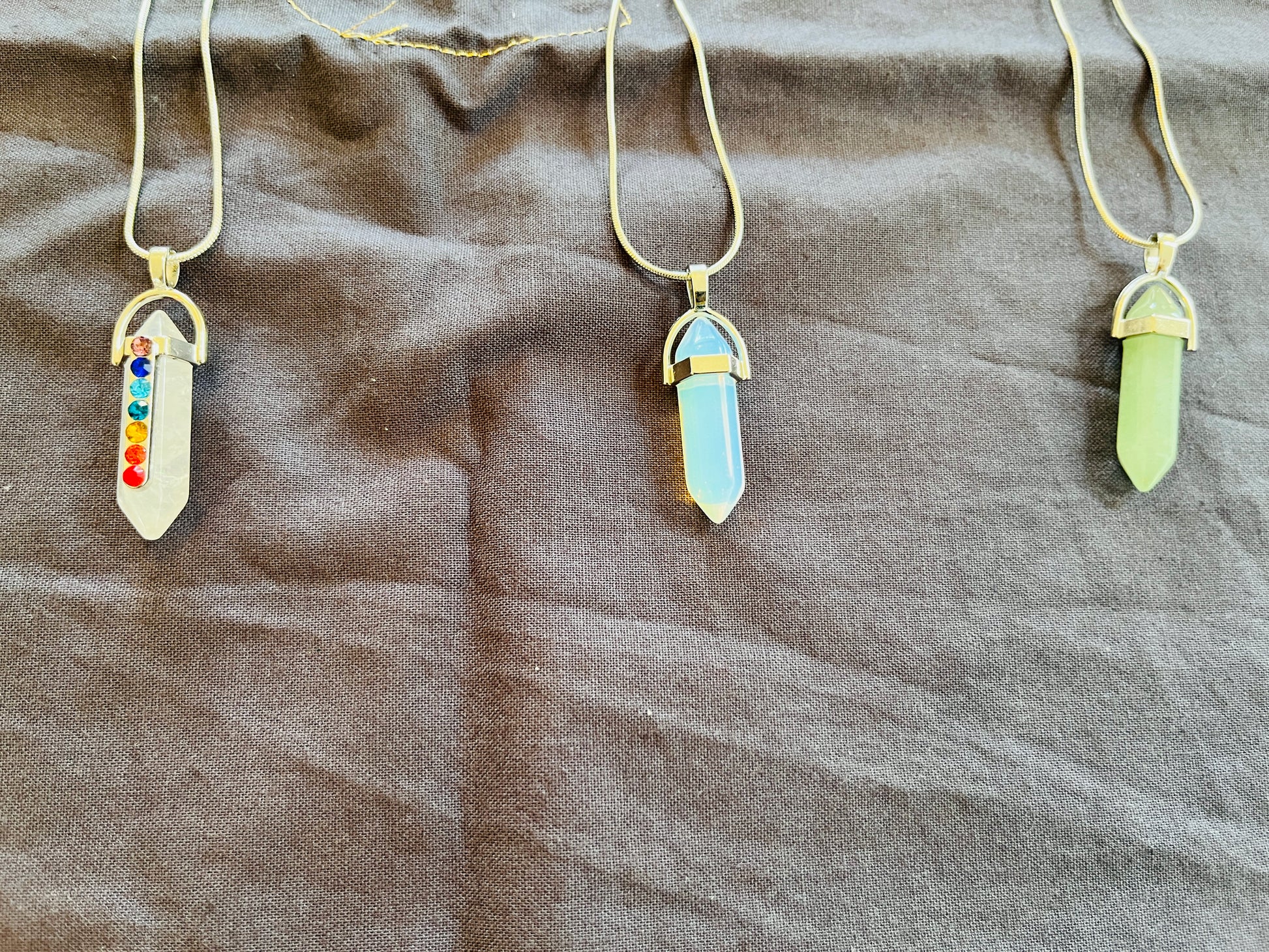 Chakra Stones on Quartz Crystal Point Pendant Necklace - Choose Your Cord:  Faux Leather or Stainless Steel.