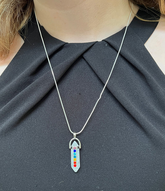 Chakra Stones on Quartz Crystal Point Pendant Necklace - Choose Your Cord: Faux Leather or Stainless Steel.