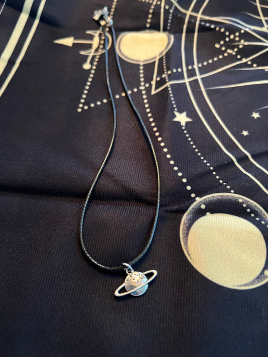Elegant Silver Celestial Saturn & Stars Astrology Necklace - A Cosmic Charm