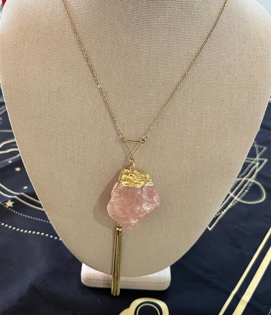 Rose Quartz Healing Tassel Necklace with Light Pink Crystals and Gold Tone Metal