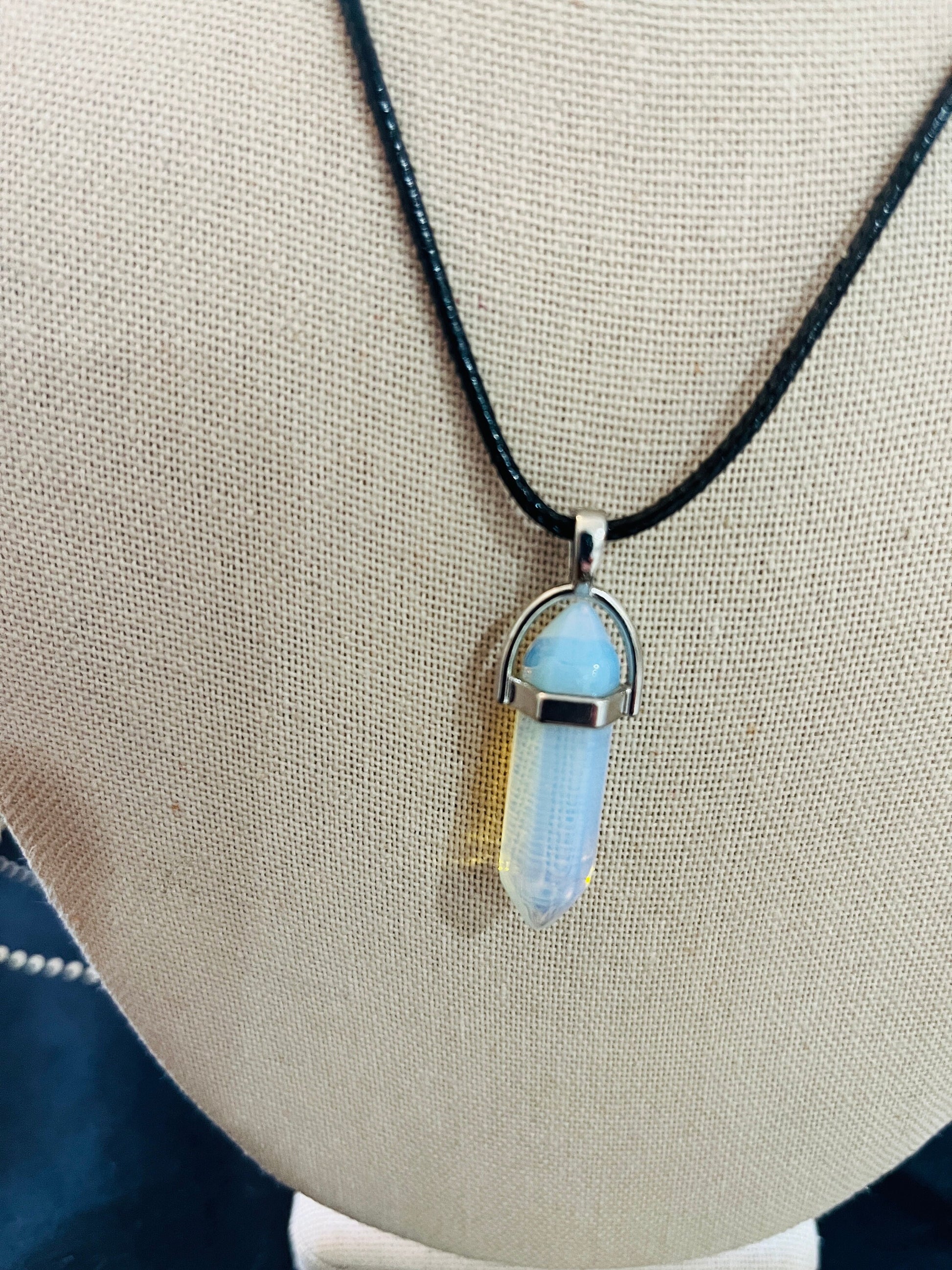 Blue Tone Opolite Stone Point Pendant Necklace on Faux Leather or Stainless  Steel Chain.